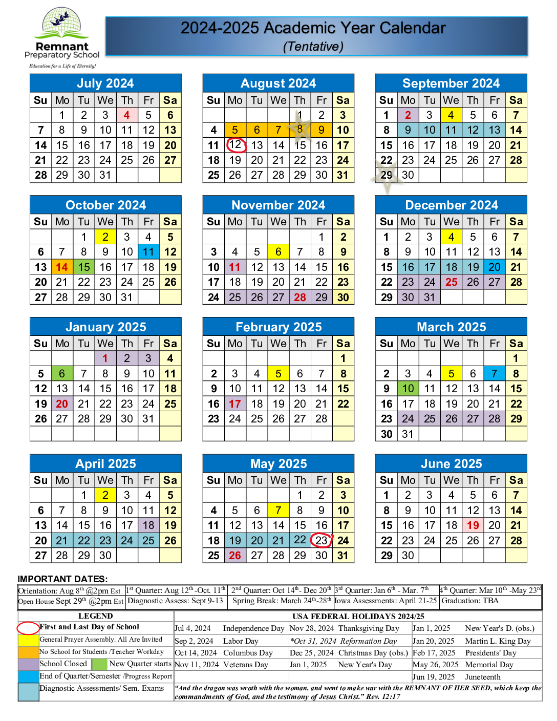 20242025 SCHOOL CALENDAR Remnant Preparatory School