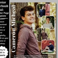 Senior yearbook ad featuring Cameron Micheal. The design includes a central photo with additional smaller images, highlighting accomplishments and personality.