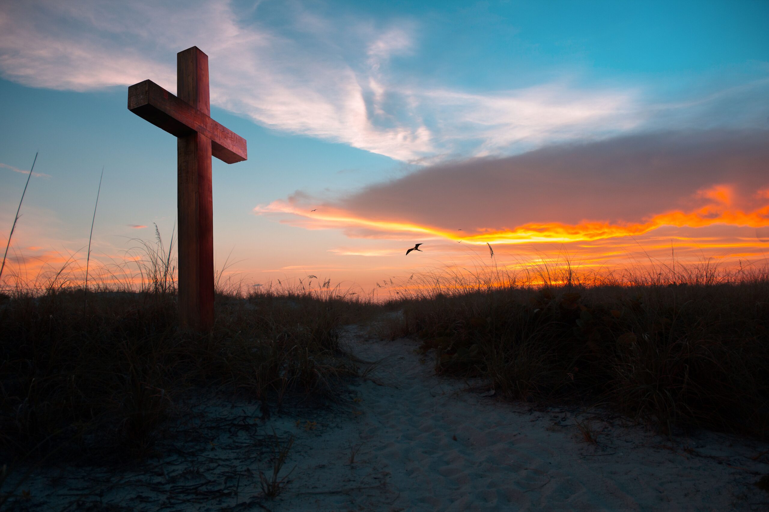 A wooden cross stands on a beach at sunset, framed by tall grass and colorful sky, symbolizing tranquility and reflection.